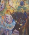 Black Sun is about eclipse and anguish of the individual human mind in the grip of overwhelming forces. The human figure appears sad, calm, while literally holding herself together. The cat is the suffering and terrified shadow of the manic/depressiv