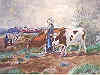 Calming picture.  A picture of the past of a mil lady and her cows.  Strolling in the countryside.