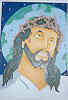 In remembrance of September 11th : - I show a non-white Jesus turning his back on global, and so called 'Holy wars'.
Also the thorned crown represents his pain as we revert to past behaviour (the crucifixion) and once again saying 