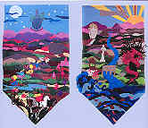 Two wall hangings depicting the local history of Carmarthen. First hanging depicting Merlin the Wizard, the Old Well which Walford Resource Centre was built on. The dragon of Wales, The Rebecca Riots men dressed as women to storm the tall gates.