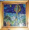 My glass mosaic depicts a scene of a hot-air-balloon rising from the ground, passing a church below.