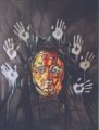 This work deals with the interaction of the human spirit across age, gender and culture. It deals with dreams and the power of imagination to visualise and integrate the knowledge of others into ourselves. The painting is a self-portrait and the hand