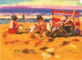 I enjoyed painting this hot seaside scene. However, when attempting to put a shadow under a lady's leg, it looked more like a hairy leg. Fortunately because it was oil I was able to rectify the problem.